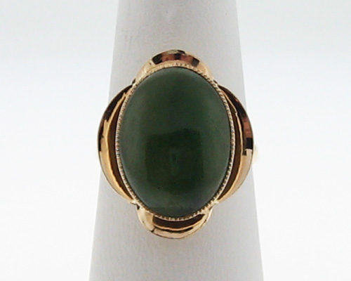 Estate 16x12mm Green Jade Nephrite Solid 14k Yellow Gold Cocktail Ring 